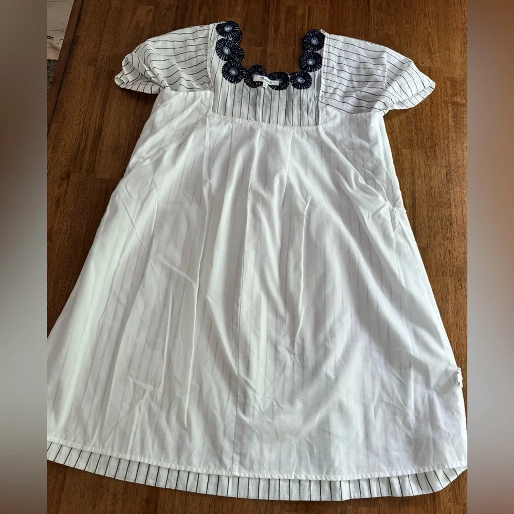 Madewell Linen Embroidered Butterfly Dress SZ XS White Navy Pinstripe - Picture 14 of 15